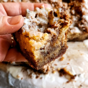 A slice of Grandma's gluten-free cinnamon coffee cake recipe.