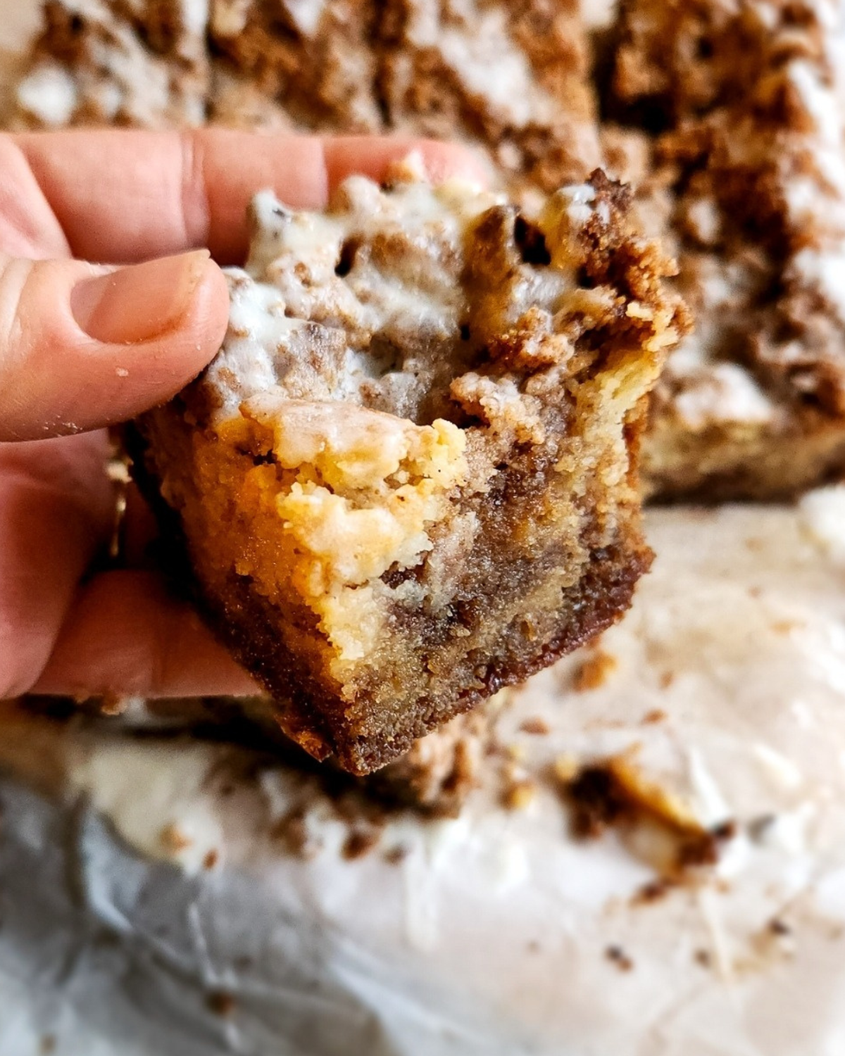 A slice of Grandma's gluten-free cinnamon coffee cake recipe.