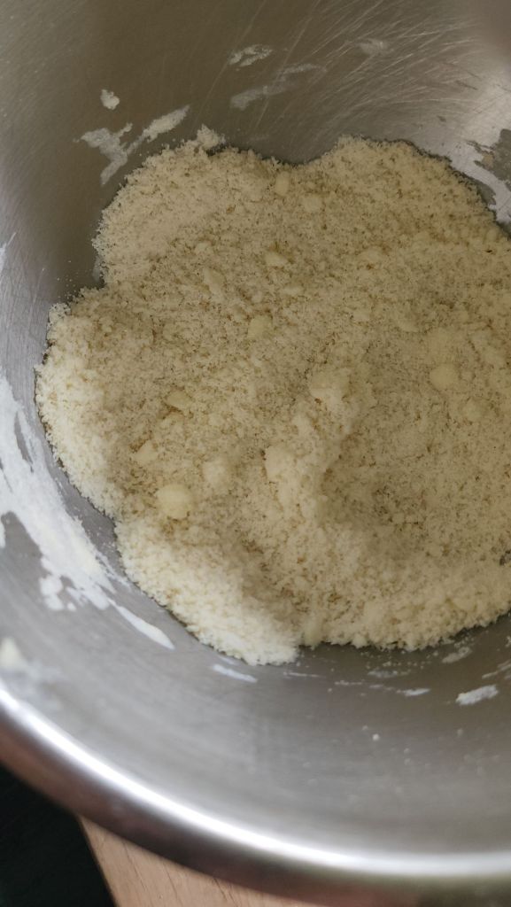 Whisked dry ingredients in mixer Bowl for Grandma's gluten-free cinnamon coffee cake recipe.