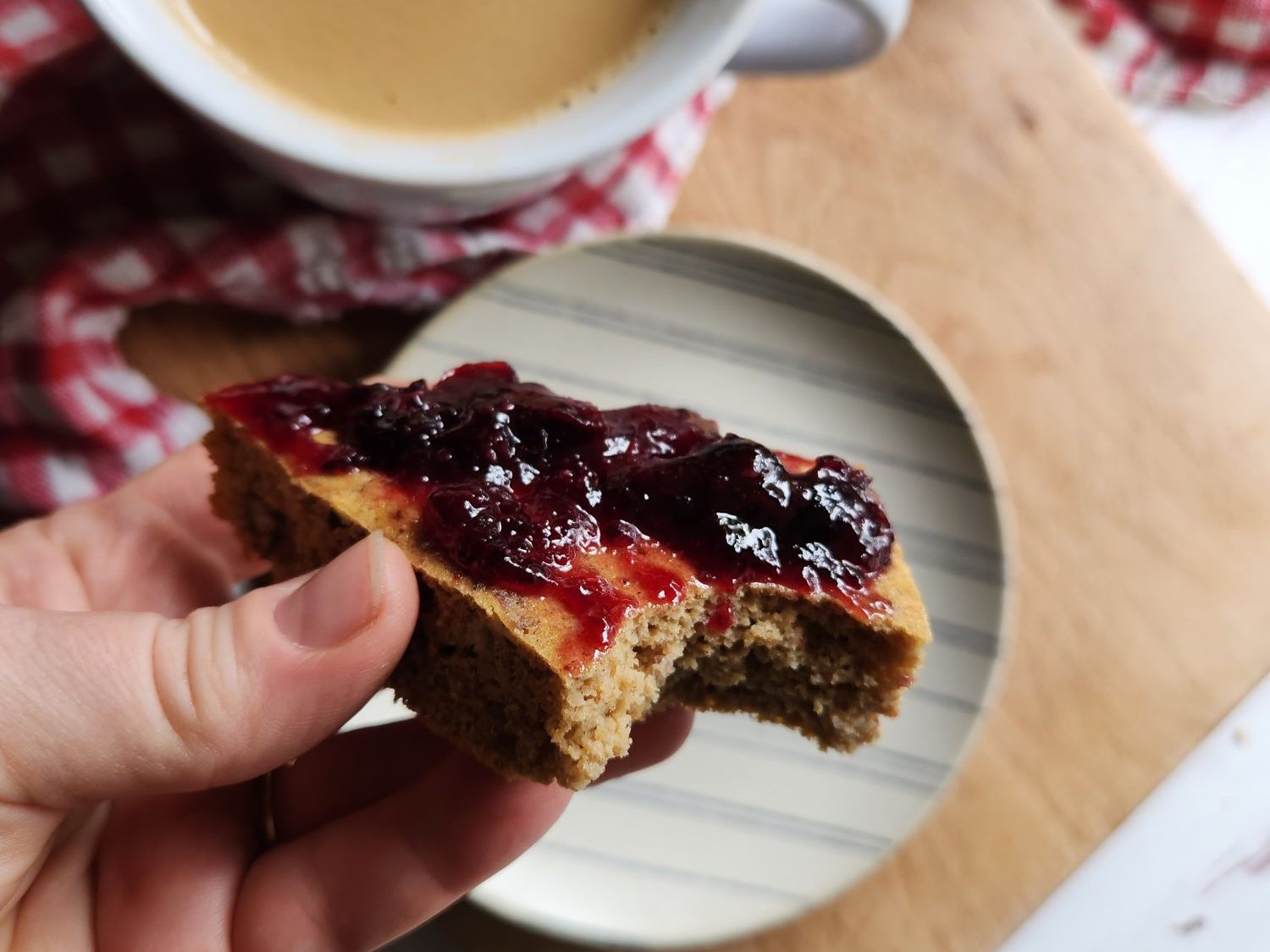 Easy gluten-free fluffy baked pecan pancake recipe served with jam.