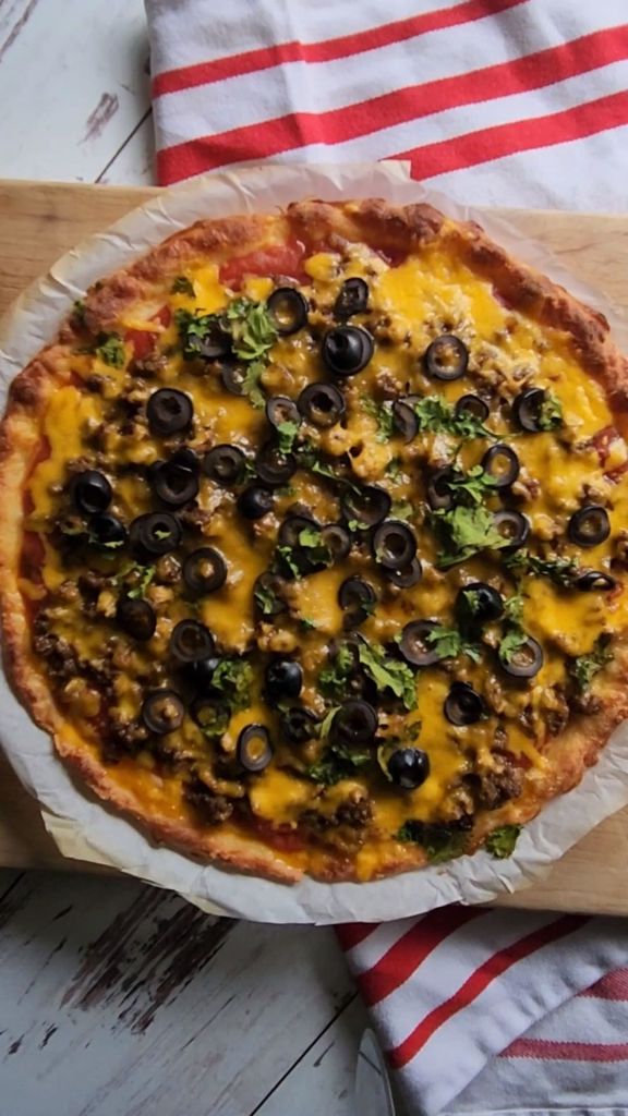 Gluten free copycat Godfather's taco pizza fresh out of the oven.