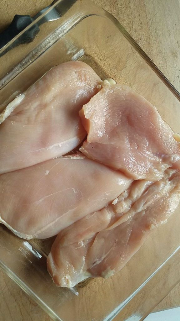 Chicken breast in Greased 8x8 square Baking pan.