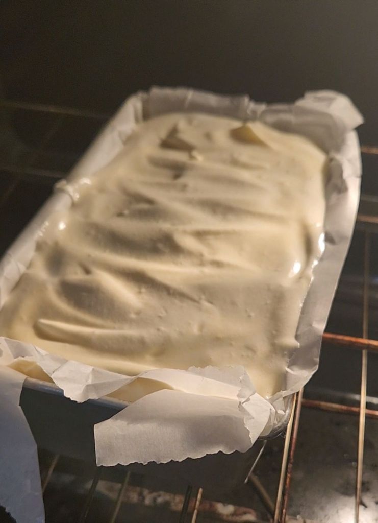 Gluten-free flourless Hawaiian keto bread in the oven to bake.