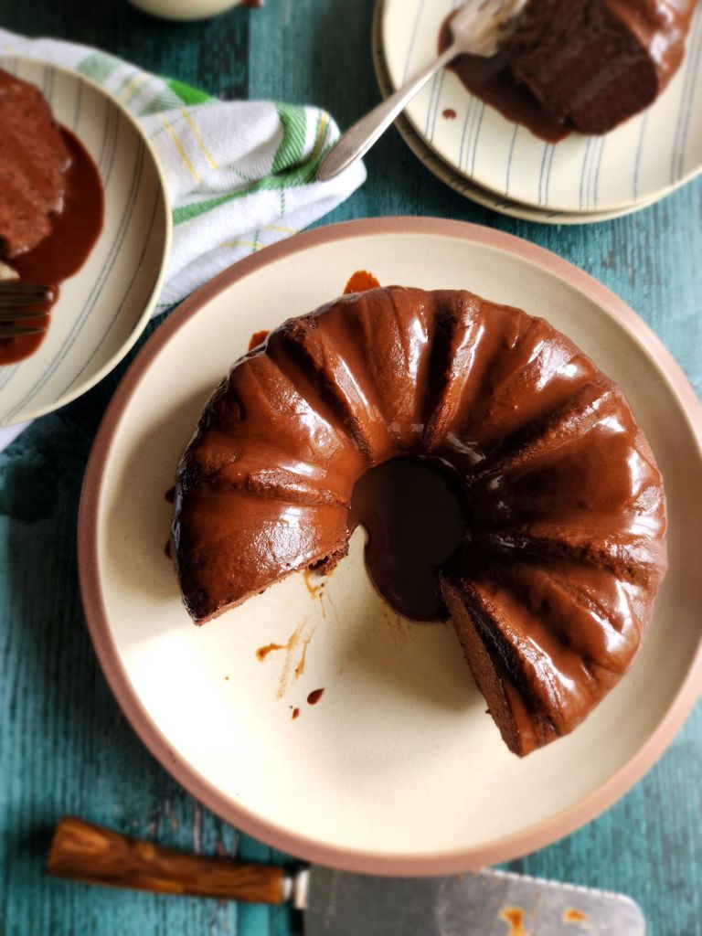 Serving up gluten-free Bailey's Irish cream chocolate bundt cake.