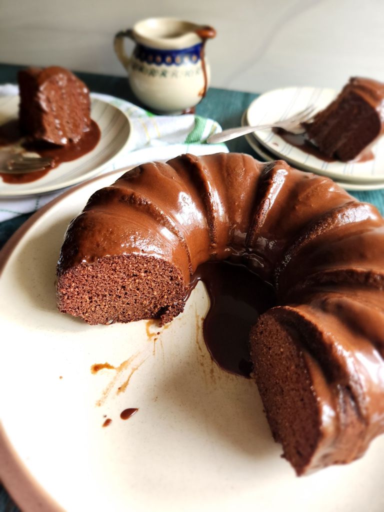 Serving up gluten-free Bailey's Irish cream chocolate bundt cake.
