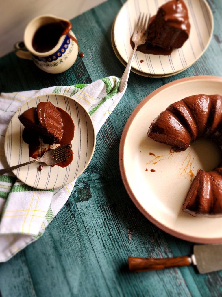 Serving up gluten-free Bailey's Irish cream chocolate bundt cake.