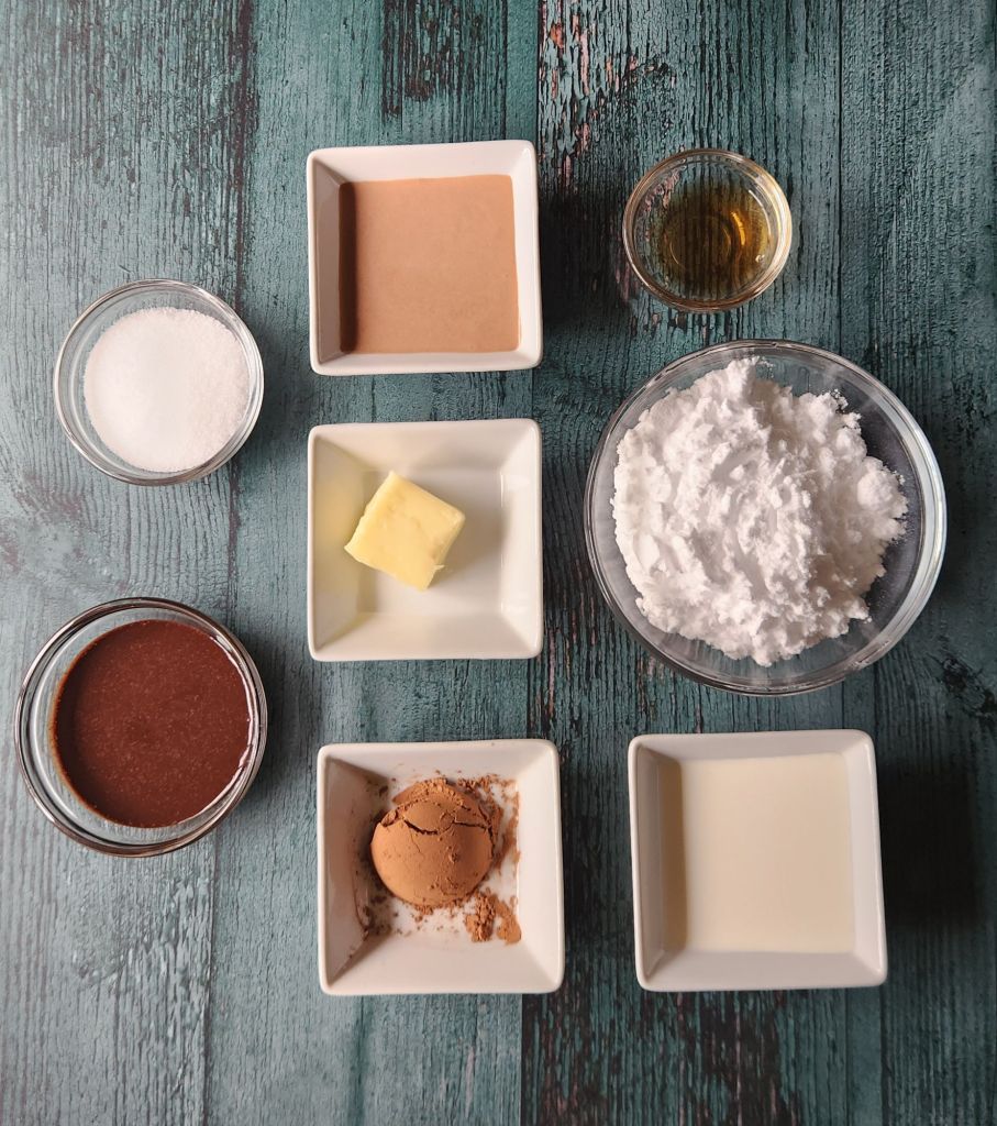 Ingredients needed to make sugar-free chocolate glaze for the gluten-free Baileys Irish Cream chocolate bundt cake.