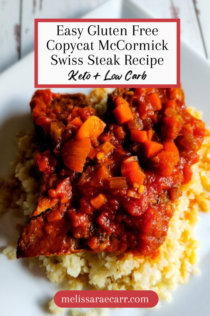 Easy gluten-free copycat McCormick Swiss steak recipe plated on cauliflower rice.