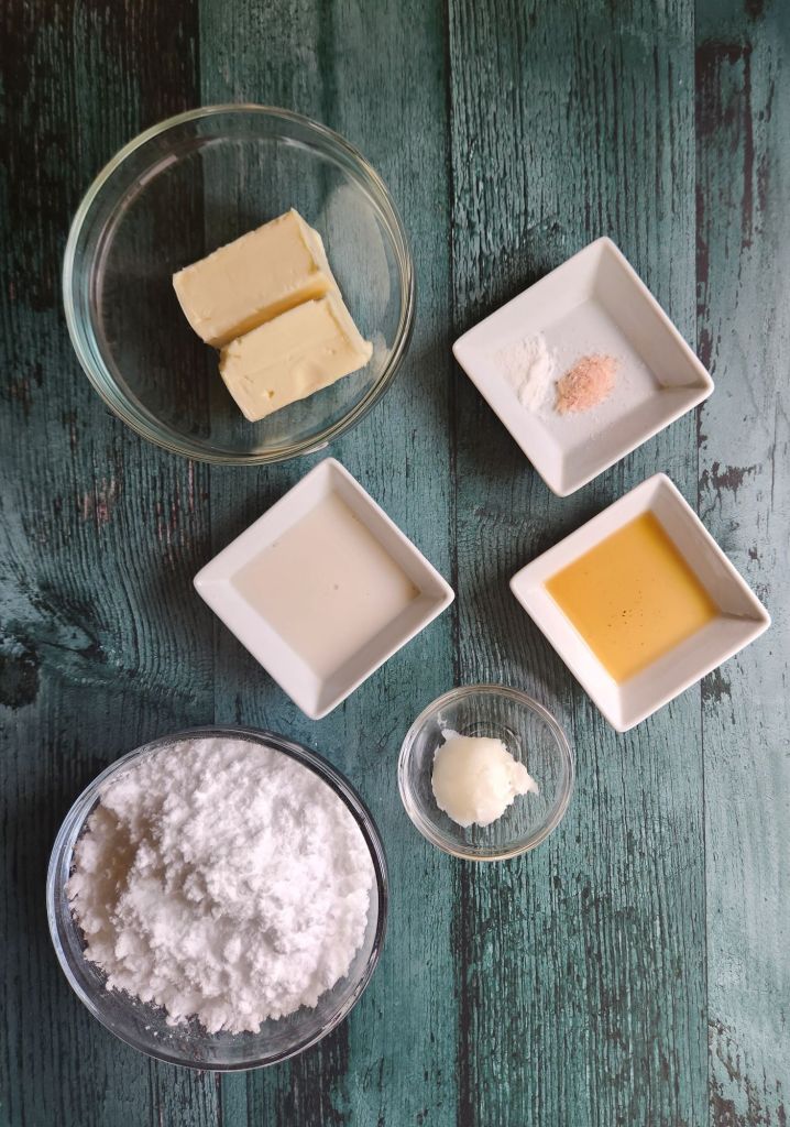 Ingredients needed to make easy dairy-free low carb buttercream frosting recipe.