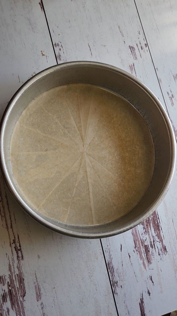 8 inch round cake pan lined with parchment paper.
