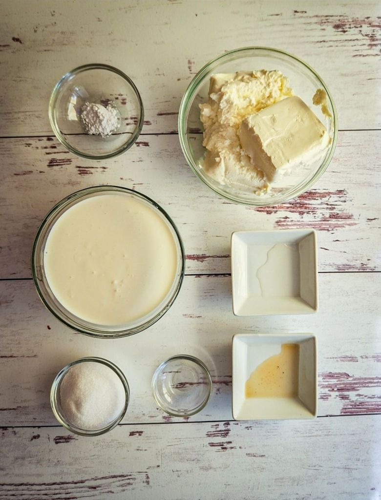 Ingredients needed to make 5 ingredient no bake gluten free cheesecake recipe.