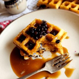 Easy Gluten-Free Dairy-Free Blueberry Waffles on a plate with syrup.