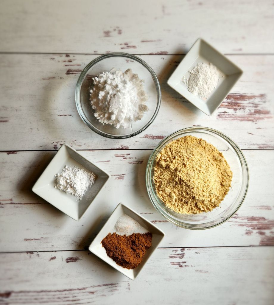 Dry ingredients for Gluten free low carb pumpkin pecan crunch coffee cake.