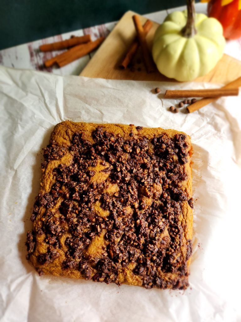 Baked and uncut Gluten free low carb pumpkin pecan crunch coffee cake.
