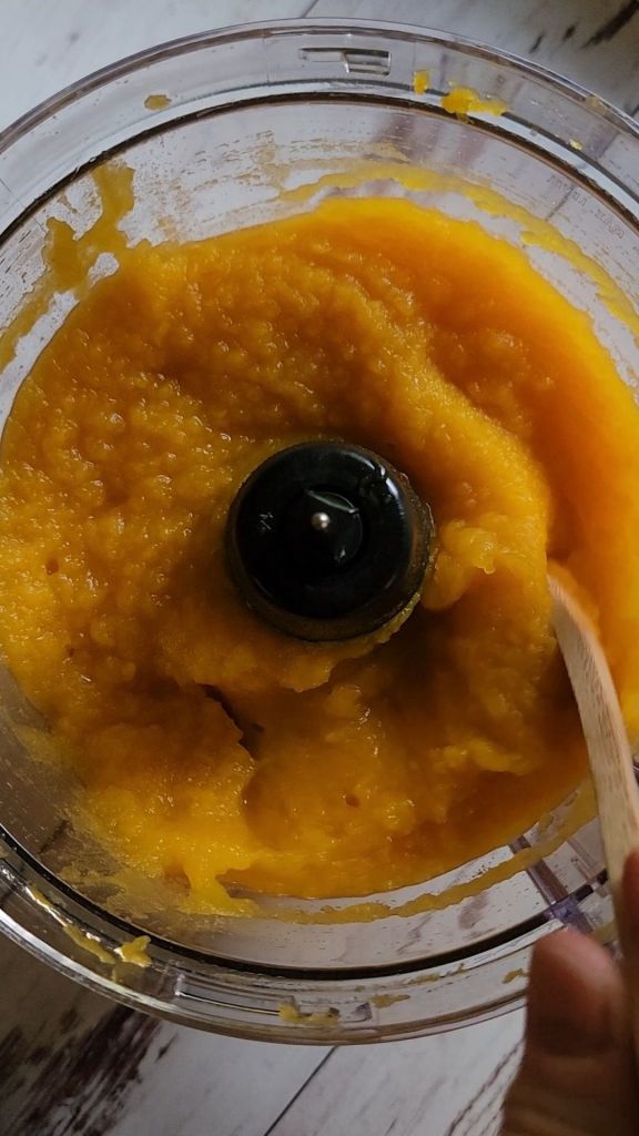 Pumpkin puree in a food processor.