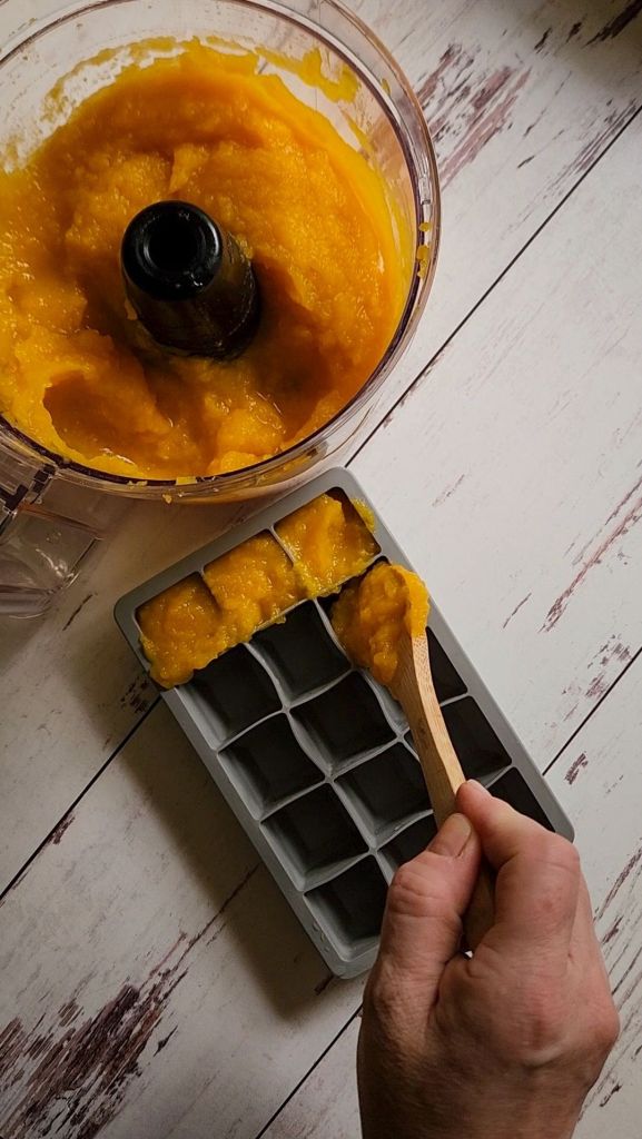Portioning prepared homemade pumpkin puree into an ice cube tray.