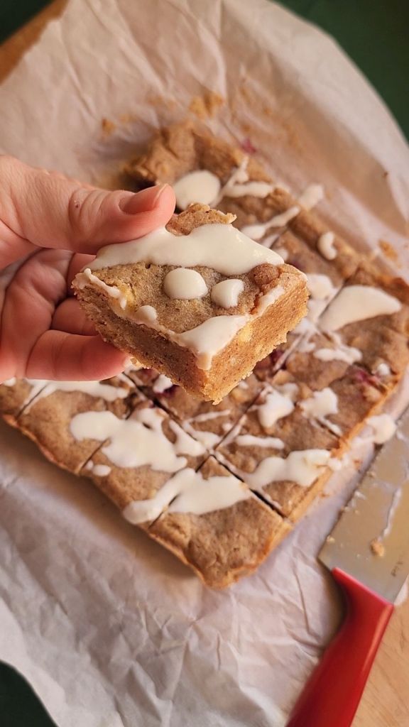 Gluten free white chocolate cranberry blondies.