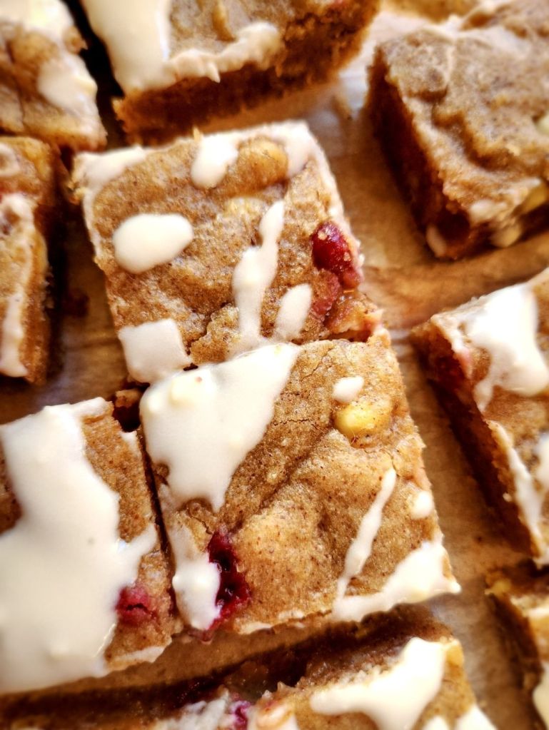 Gluten free white chocolate cranberry blondies.