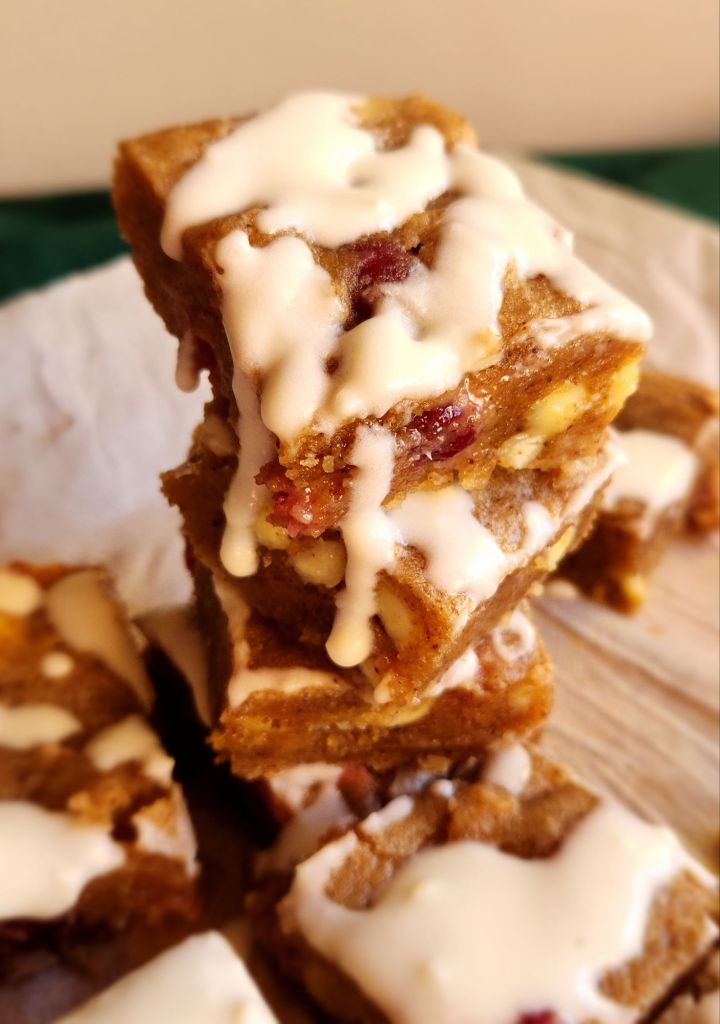 Gluten free white chocolate cranberry blondies.