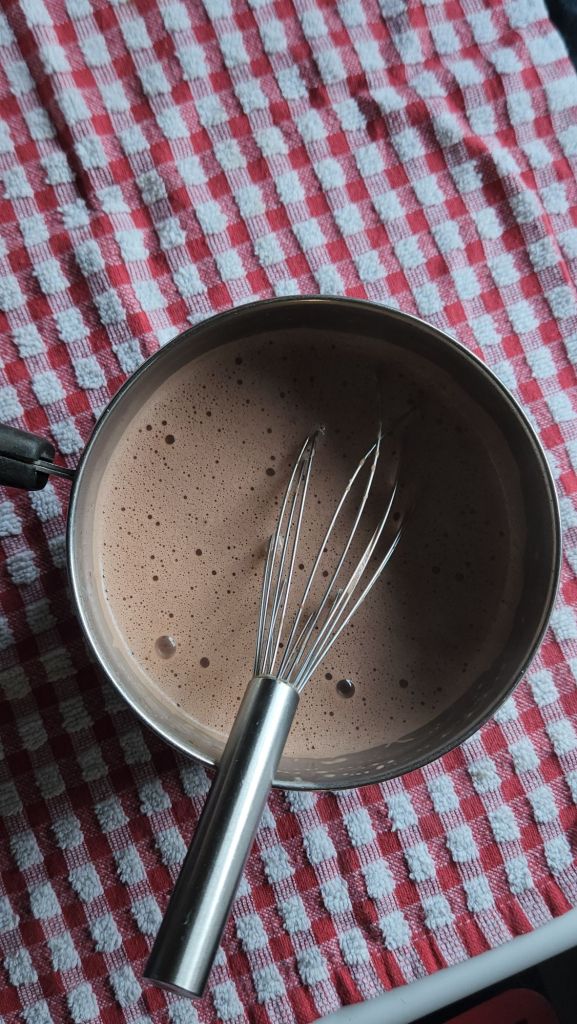 Low carb dairy free copycat Starbucks hot chocolate in a saucepan.