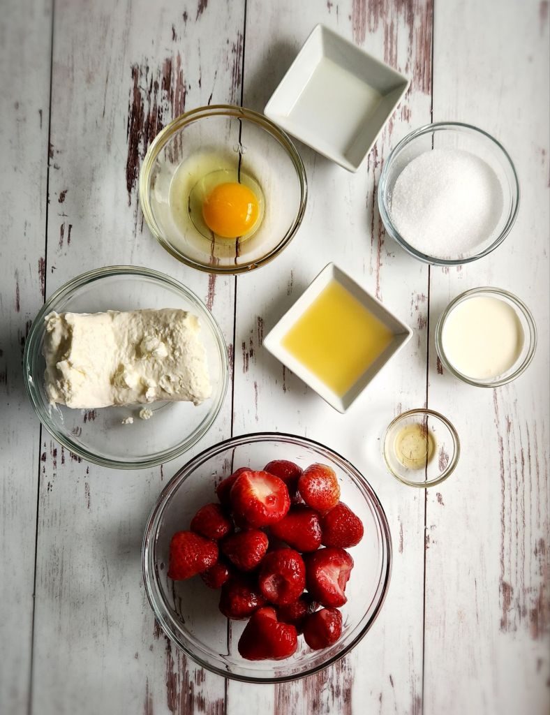 Ingredients needed for gluten free low carb strawberry lemon cheesecake bars.