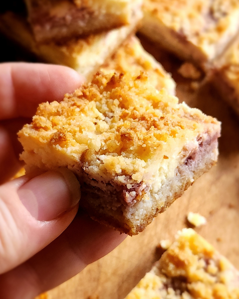 Gluten free low carb strawberry lemon cheesecake bars.