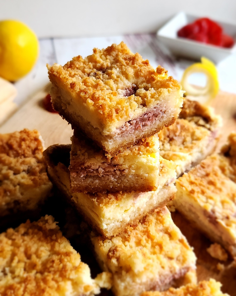 Gluten free low carb strawberry lemon cheesecake bars.