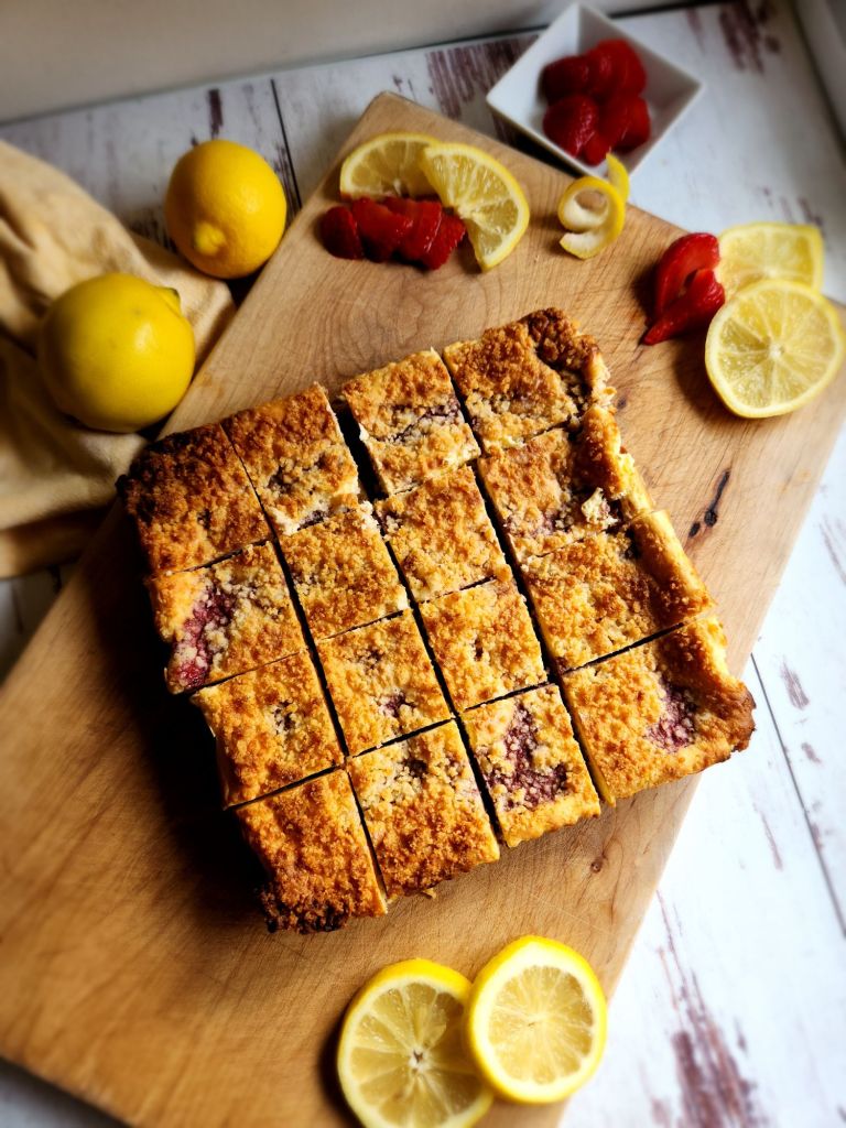 Gluten free low carb strawberry lemon cheesecake bars.