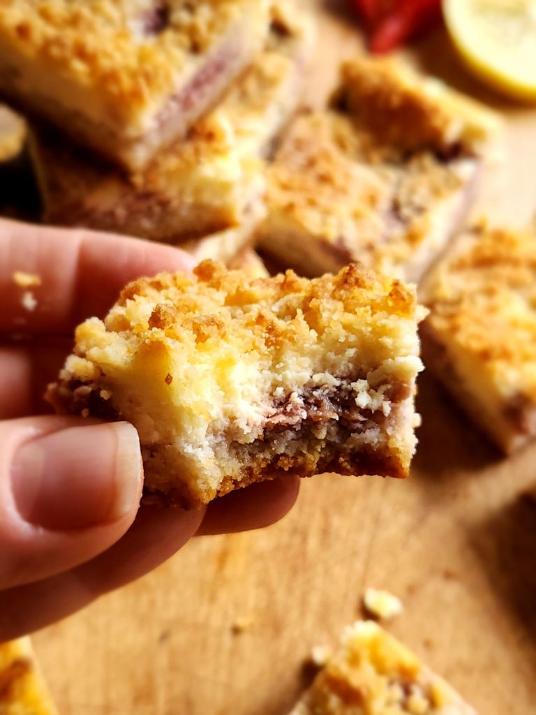 Gluten free low carb strawberry lemon cheesecake bars.