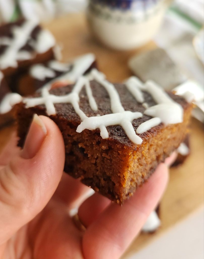 A close up of a slice of irish gluten free spice cake