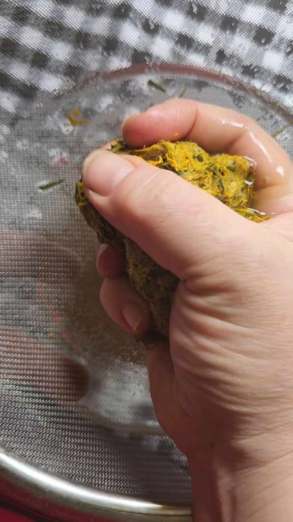 hand squeezing the dandelion infusion from the soaked flower petals