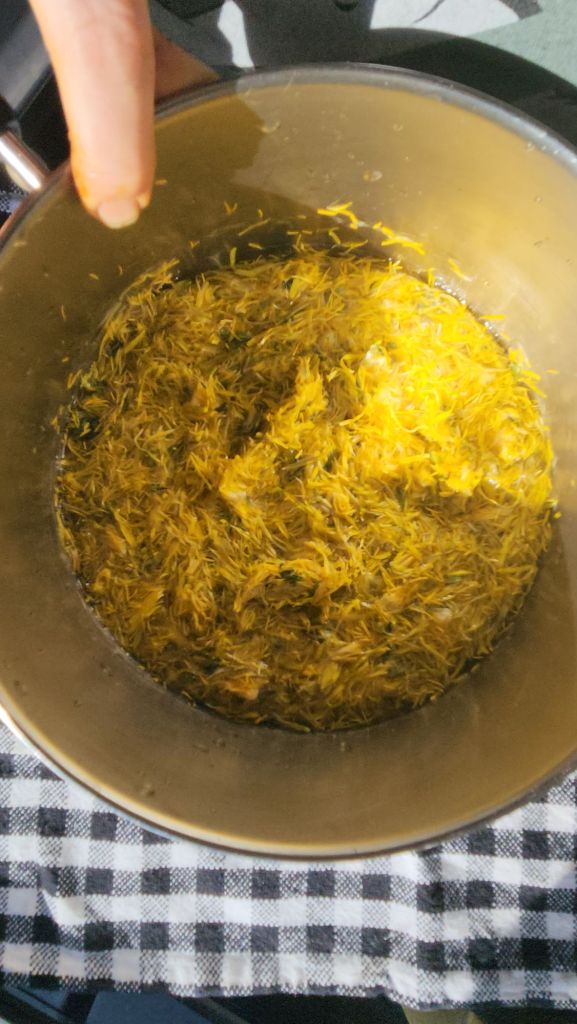 dandelion petals in a pot with water